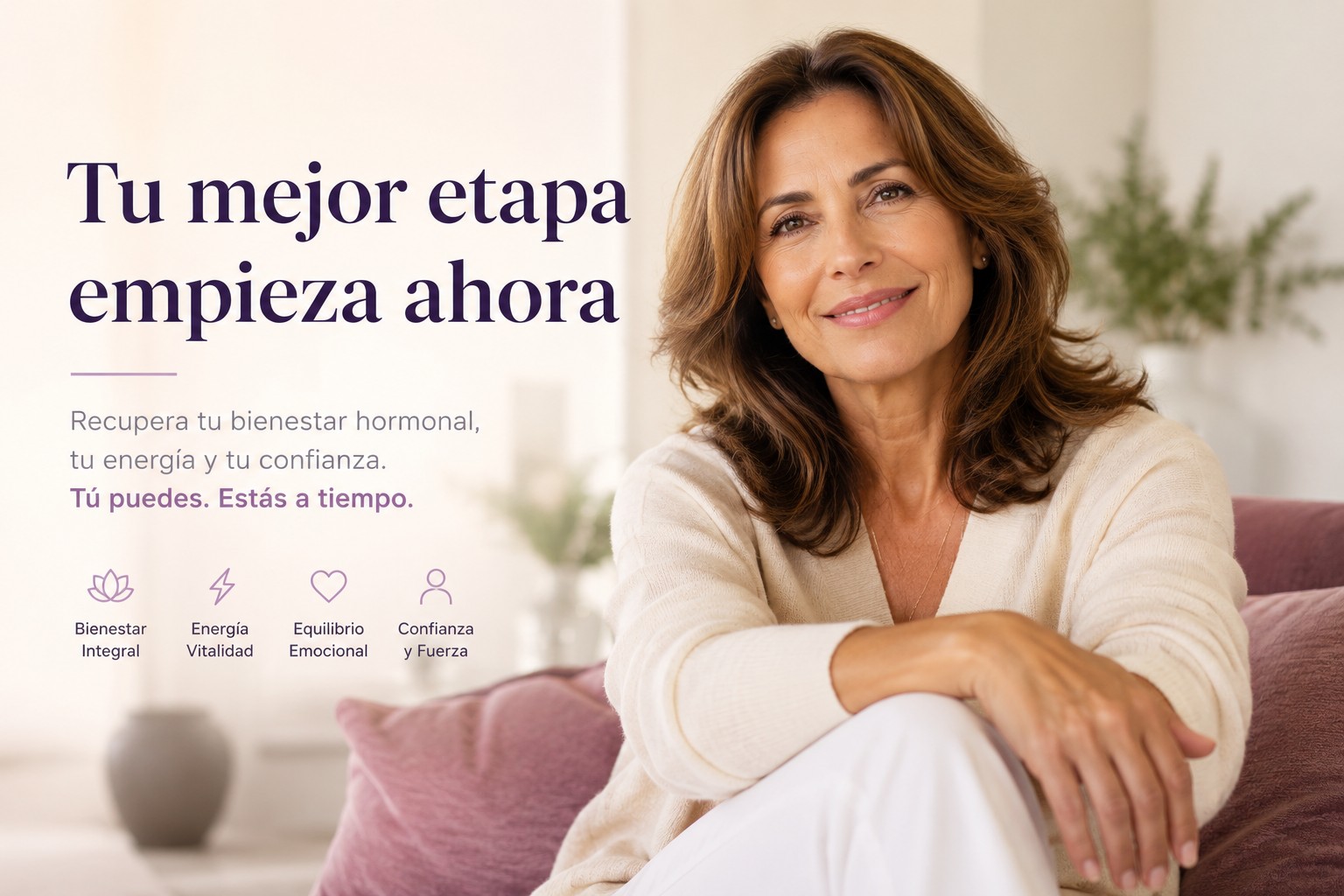 Mujer madura segura y en paz, representando bienestar y transformación en la menopausia